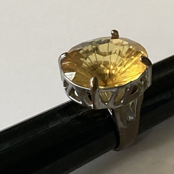 VTG Costume Cocktail Ring Mid Century Mod BIG Faux Citrine Stone Statement 7.75 - Picture 1 of 12